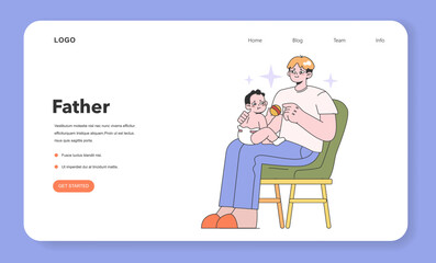 Father and little kid relationship web banner or landing page. Man holding