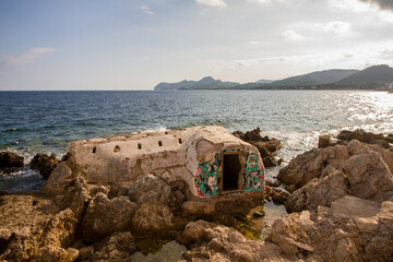 Old bunker at the coast of Cala Ratjada, Mallorca island, spain