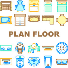 plan floor home icons set vector. house kitchen, architect room, architecture interior, apartment view, bathroom top plan floor home color line illustrations