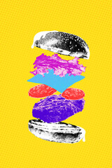 Obraz premium Poster. Contemporary art collage. Modern pattern. Colorful paper creatively designed cups against vivid violet background.