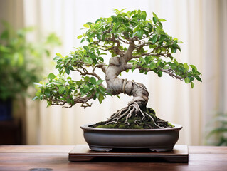 A beautifully crafted bonsai tree with detailed and delicate branches, in a captivating arrangement.