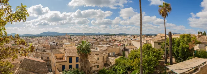 Fotobehang Mediterraans Europa Cityscape overview of the town of Artá, Mallorca island, Spain (Panorama)