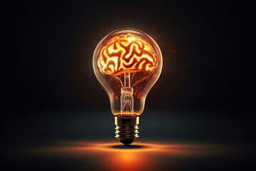Brain illuminated inside light bulb on dark background