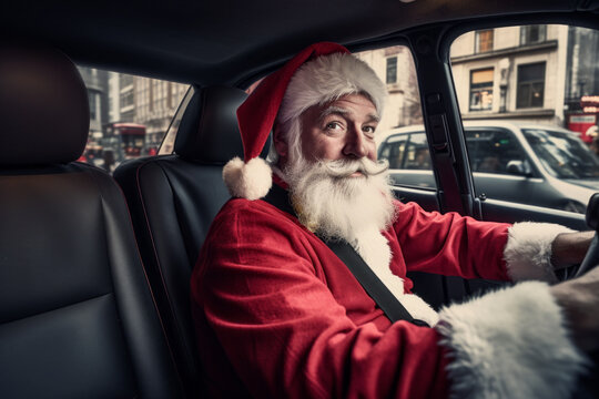 AI generative images. Smiling Santa Claus driving taxi car in the city