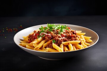 Classic Italian cuisine dish pasta penne Bolognese served on a white plate over a light background...