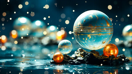 Christmas and New Year holidays background with golden and blue balls. Christmas tree decorations on a blue background. 3d rendering. Generative AI technology.