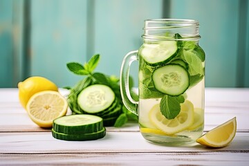 Close up of a refreshing detox drink with lemon cucumber and mint on a white table promoting immune health and diet - obrazy, fototapety, plakaty
