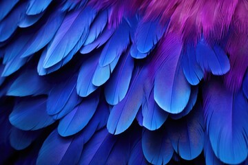 Close up photo of a macaw s vibrant blue and purple feathers