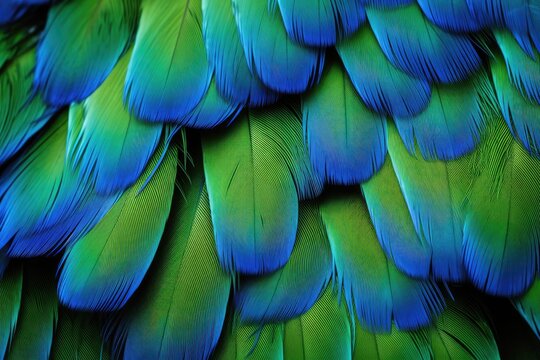 Close up photo of macaw s blue and green feathers