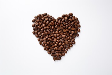 Coffee beans arranged in a heart shape on a white background creating a love coffee logo Macro photography in a studio