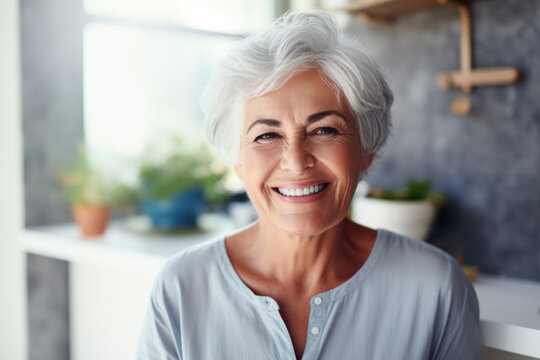 AI generated image of beautiful healthy elegant elderly senior woman smiling at looking at camera while standing at home
