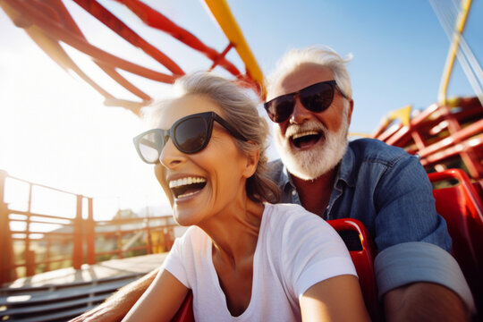 AI generated image of happy and cheerful senior couple wearing sunglasses having fun in amusement park while riding on roller coaster