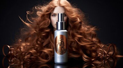 A stylish bottle of anti-frizz serum for achieving perfectly controlled and manageable hair. Silky, smooth, frizz-free, hair treatment, grooming, sleek appearance, beauty secret. Generated by AI. - obrazy, fototapety, plakaty