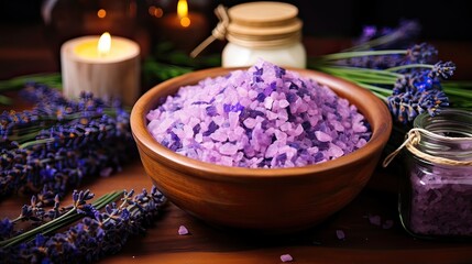 Fototapeta na wymiar A blissful bath salt soak with the calming scent of lavender to enhance your relaxation. Aromatic, fragrant, tranquility, spa indulgence, stress relief, self-pampering, rejuvenation. Generated by AI.