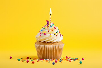 Colorful cupcake with candle and confetti on yellow background