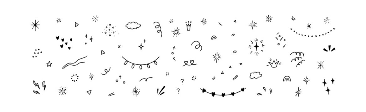 Cute outline doodle hand drawn elements. Kids scribble freehand drawing. Manga stile illustration. Glitter confetti and movement expression