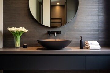 Contemporary bathroom with chic mirror and sink - obrazy, fototapety, plakaty