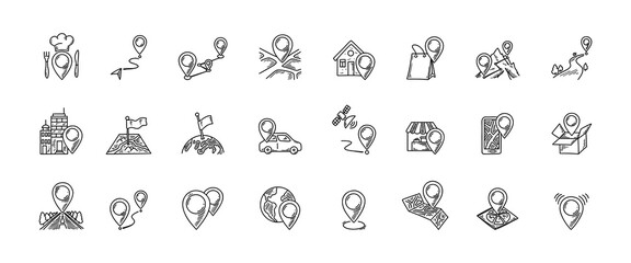 Location pins icon set. Doodle sketch restaurant, home, store, office, post, market, hiking path, car service, pizza delivery location © Kseniia