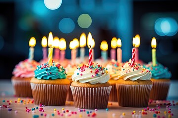 Cupcakes with candles spelling Happy Birthday in vibrant hues
