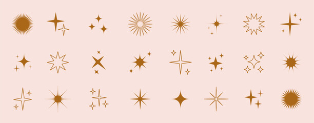 Sparkle icons collection. Set of star shapes. Abstract shine symbols, Y2k elements. Perfect for design posters, projects, banners, logo. Vector illustration.