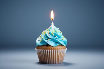 Delicious birthday cupcake gray background candle