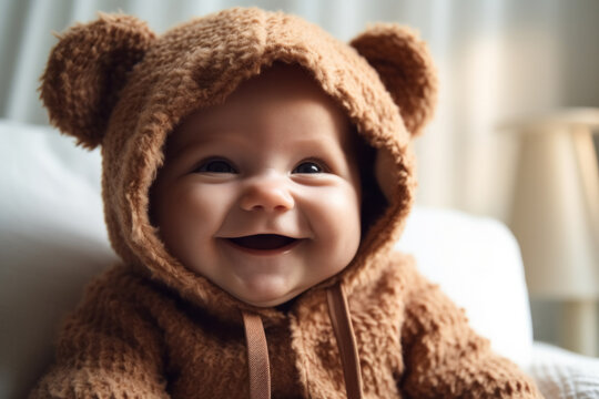 Smiling baby in woolen bear hat