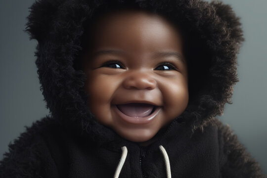 Smiling african baby in woolen bear hat