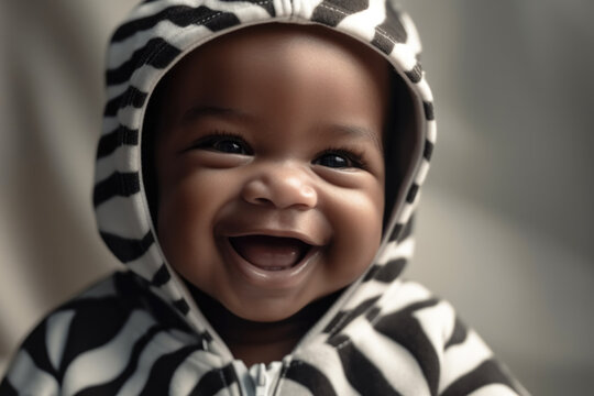 Joyful black baby boy in zebra print hooded outfit