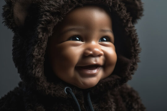 Smiling african baby in woolen bear hat
