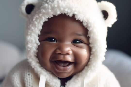 Smiling african baby in woolen bear hat