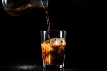 Add milk to glass containing cold brew coffee placed on black background