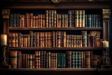 Antiquated books stored in library shelves - obrazy, fototapety, plakaty
