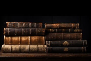 Antique leather bound books displayed as a header image on a dark background in literature concept - obrazy, fototapety, plakaty