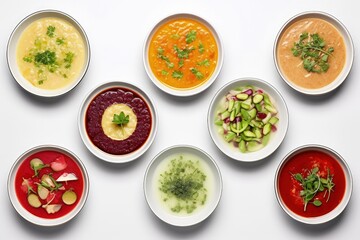 Array of restaurant dishes miso fish soup borscht pea soup mushroom soup gazpacho all isolated top view