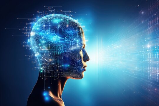 AI profile with digital brain silhouette on blue background depicts the future of innovative technologies a panorama collage for humanity