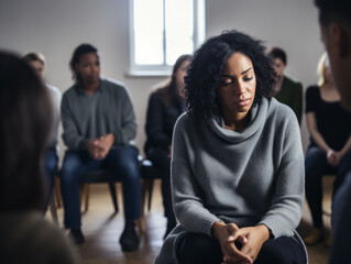 depressed woman at support group meeting - obrazy, fototapety, plakaty