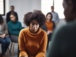 depressed woman at support group meeting - obrazy, fototapety, plakaty