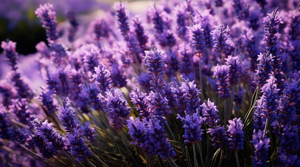 A bed of fragrant, purple lavender in full bloom, their slender spikes forming a textured pattern. Bees hover around, drawn to the sweet scent.