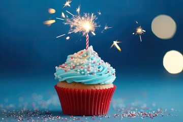 Blue cupcake with red and white sprinkles and lit sparkler on blue bg - obrazy, fototapety, plakaty
