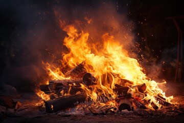 Bonfire with burning charcoal fire sparks and hall