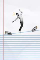 Collage image magazine sketch of funky afraid scared man going tightrope balancing precipice chasm isolated on drawing background
