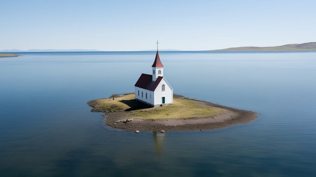 Quaint and simple Lutheran church surrounded by a serene body of water. The water could be a sea, ocean, or lake, adding to the tranquility of the scene. Minimalist architecture and natural beauty