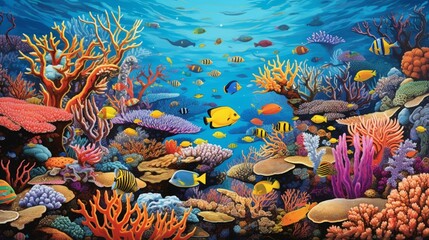 Fototapeta na wymiar A vibrant coral reef teeming with colorful marine life. The corals form an intricate mosaic of shapes and hues, with fish darting in and out of the crevices.