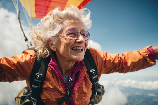 Generative AI illustration of smiling senior woman with protective glasses looking away while falling above clouds during skydiving in sunlight