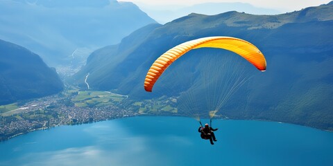 paragliding sports in the background of the reservoir with views of the mountain hills