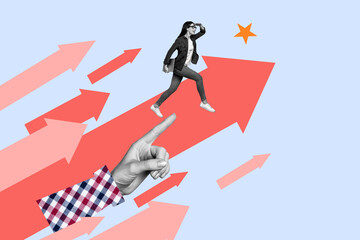 Artwork collage of black white effect arm point finger mini girl hold netbook walk arrow indicator direction star isolated on blue background