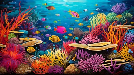 Obraz na płótnie Canvas A vibrant coral reef teeming with colorful marine life. The corals form an intricate mosaic of shapes and hues, with fish darting in and out of the crevices.