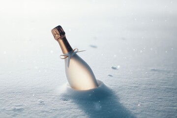 a bottle of champagne sitting in the snow - obrazy, fototapety, plakaty