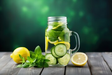 Detox water with lemon cucumber mint Space on right