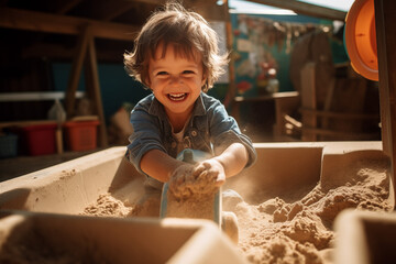 Fototapeta na wymiar Kind spielt im Sandkasten auf dem Spielplatz